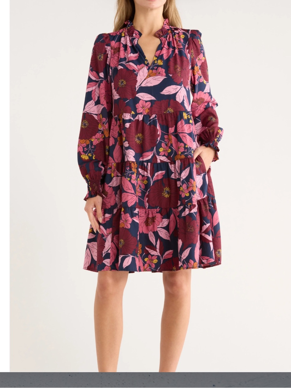 Caslon Burgundy Floral Tiered Long-Sleeve Dress size large
